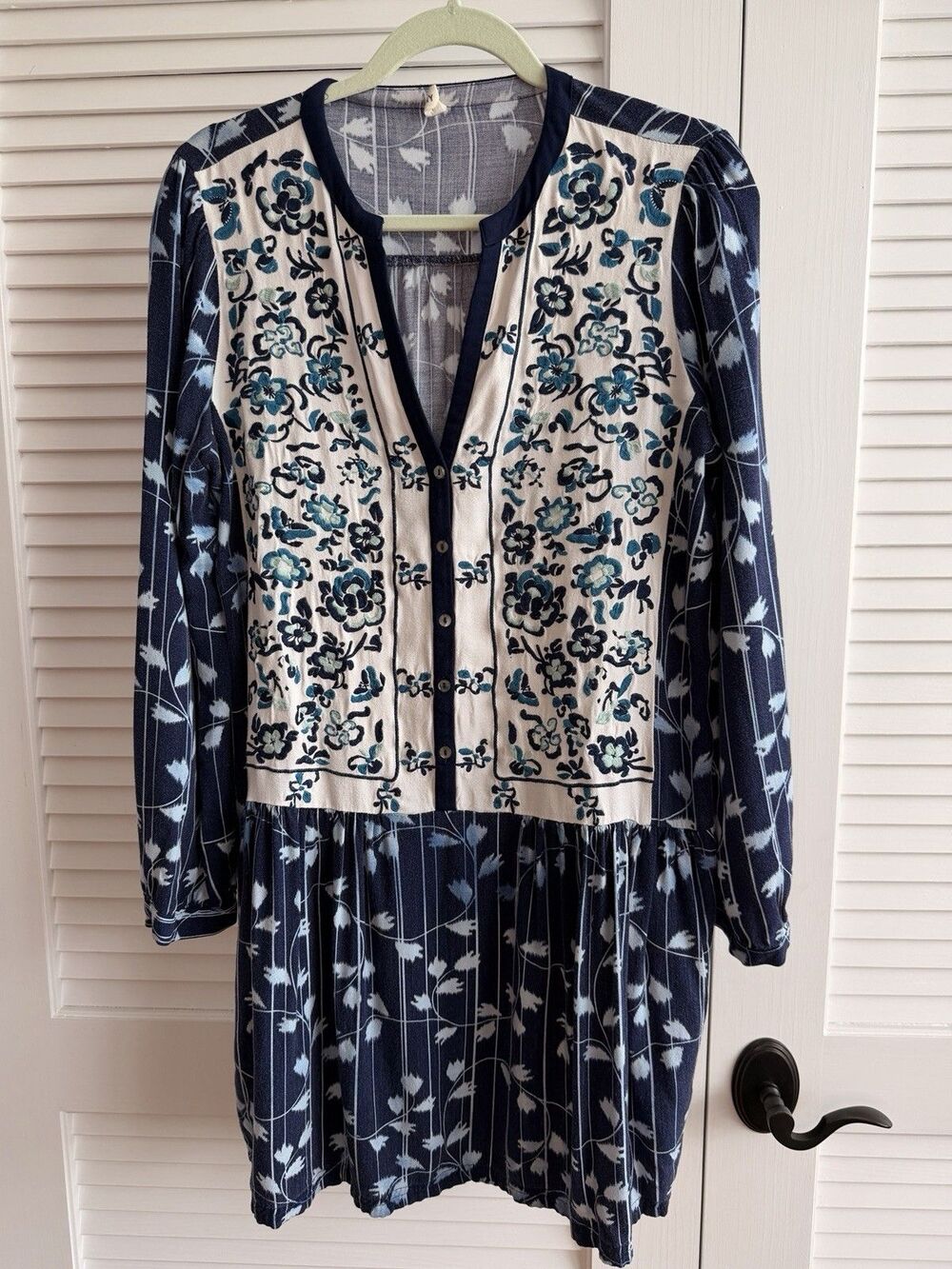 TINY Dress Medium Embroidered Floral Boho Folk Navy Mini